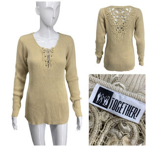 Vintage 1990s Together! Sz S Tan Sweater Ribbed Knit Lace Front Lace Back Panel
